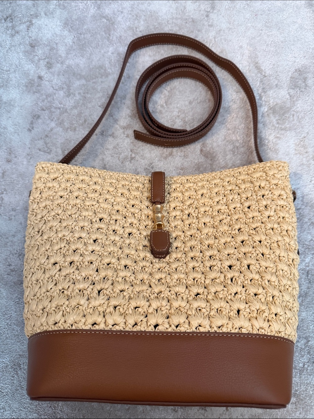 J McLaughlin Woven Straw and Brown Leather Tote